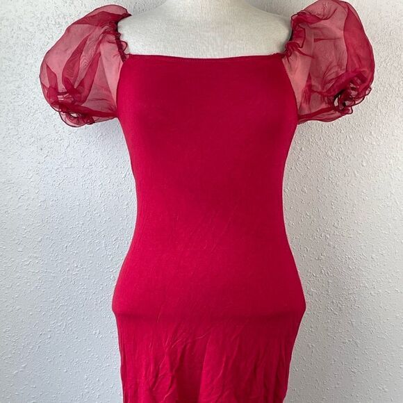 EUC Wearever Womens Red Top with Puffy Sheer Sleeves Size M - Picture 1 of 6